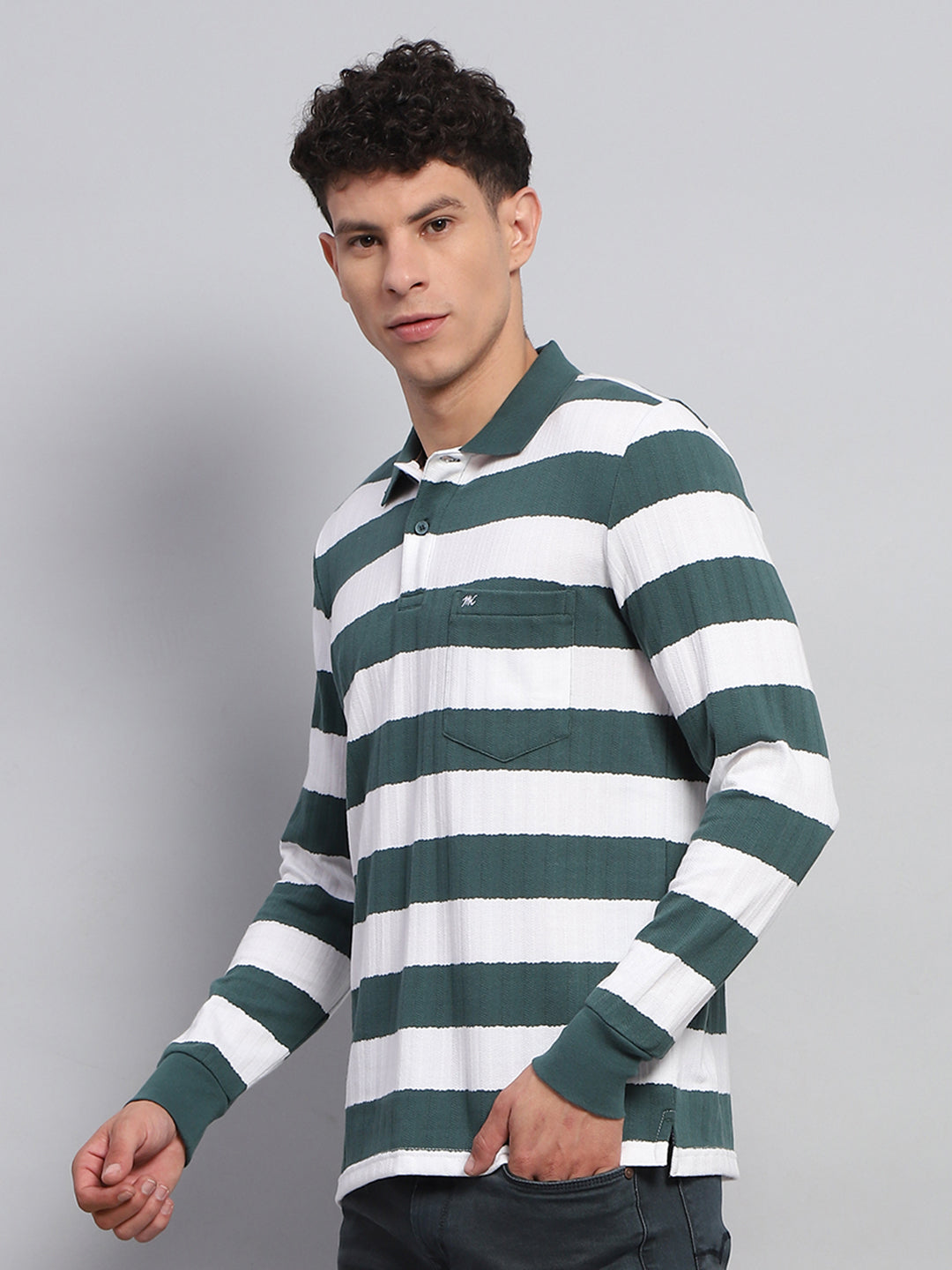 Men Green & White Stripe Collar Full Sleeve Winter T-Shirt