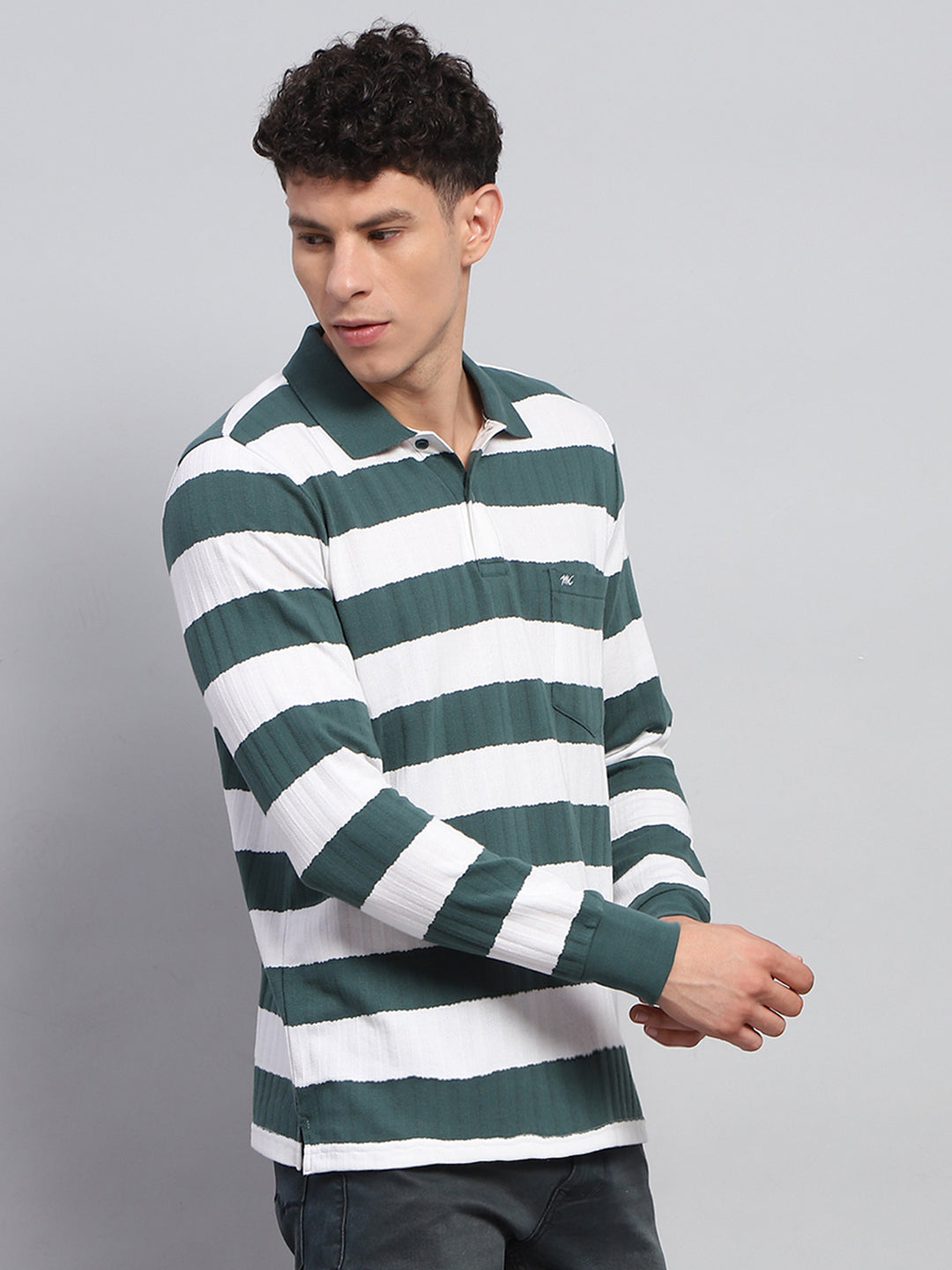 Men Green & White Stripe Collar Full Sleeve Winter T-Shirt