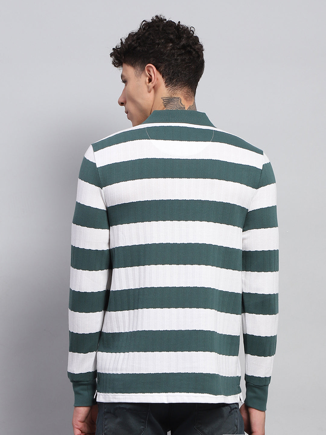 Men Green & White Stripe Collar Full Sleeve Winter T-Shirt