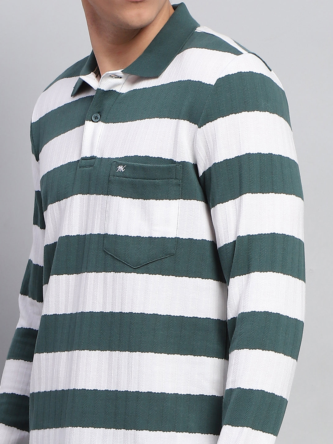 Men Green & White Stripe Collar Full Sleeve Winter T-Shirt