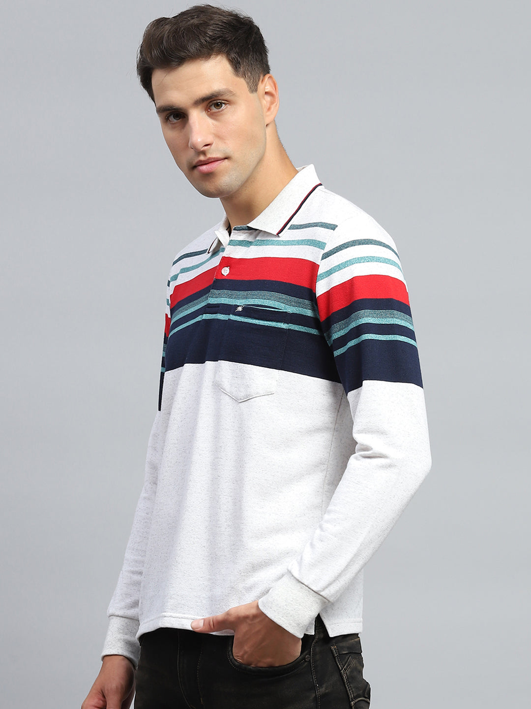 Men Multicolor Stripe Collar Full Sleeve Winter T-Shirt