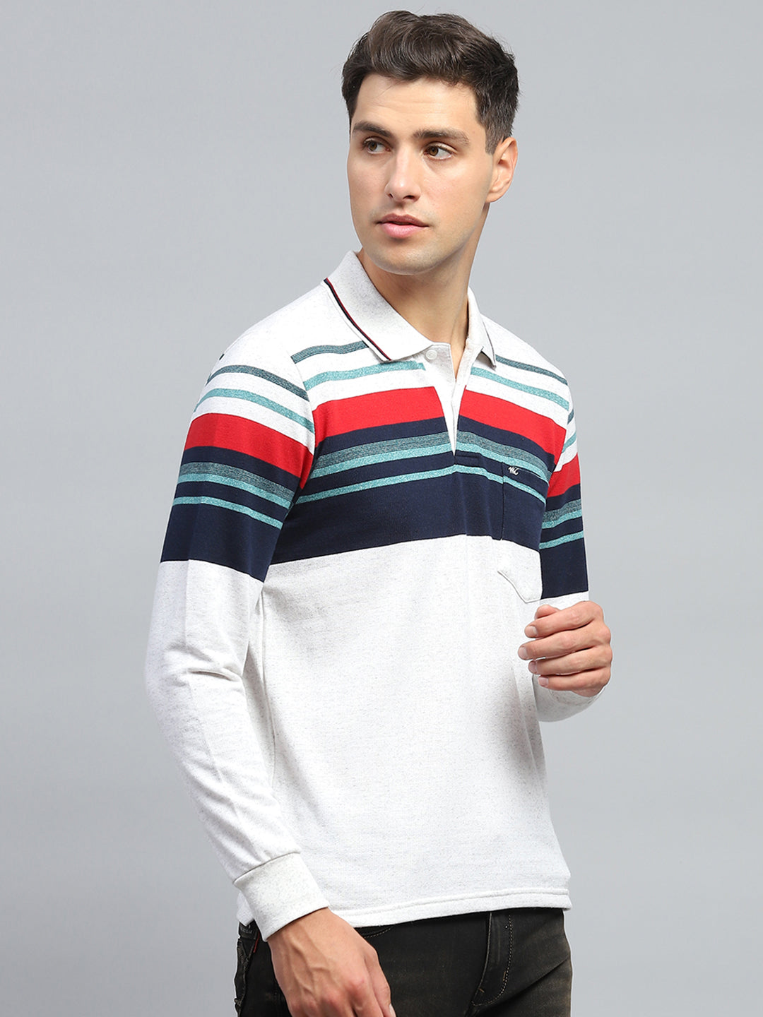 Men Multicolor Stripe Collar Full Sleeve Winter T-Shirt