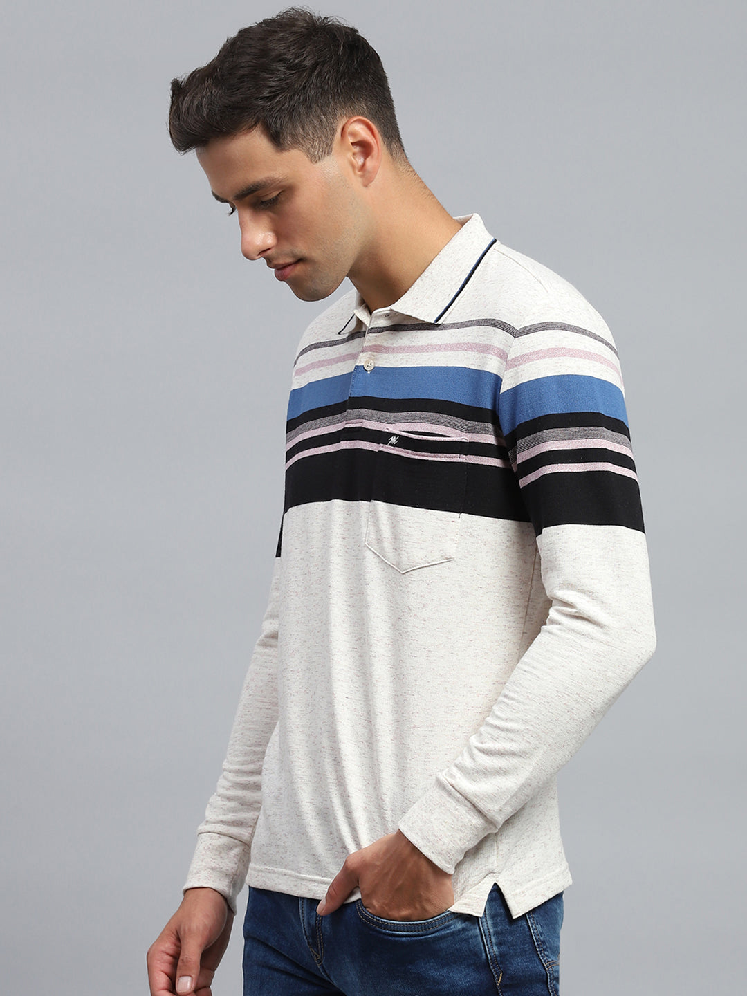 Men Black & White Stripe Collar Full Sleeve Winter T-Shirt