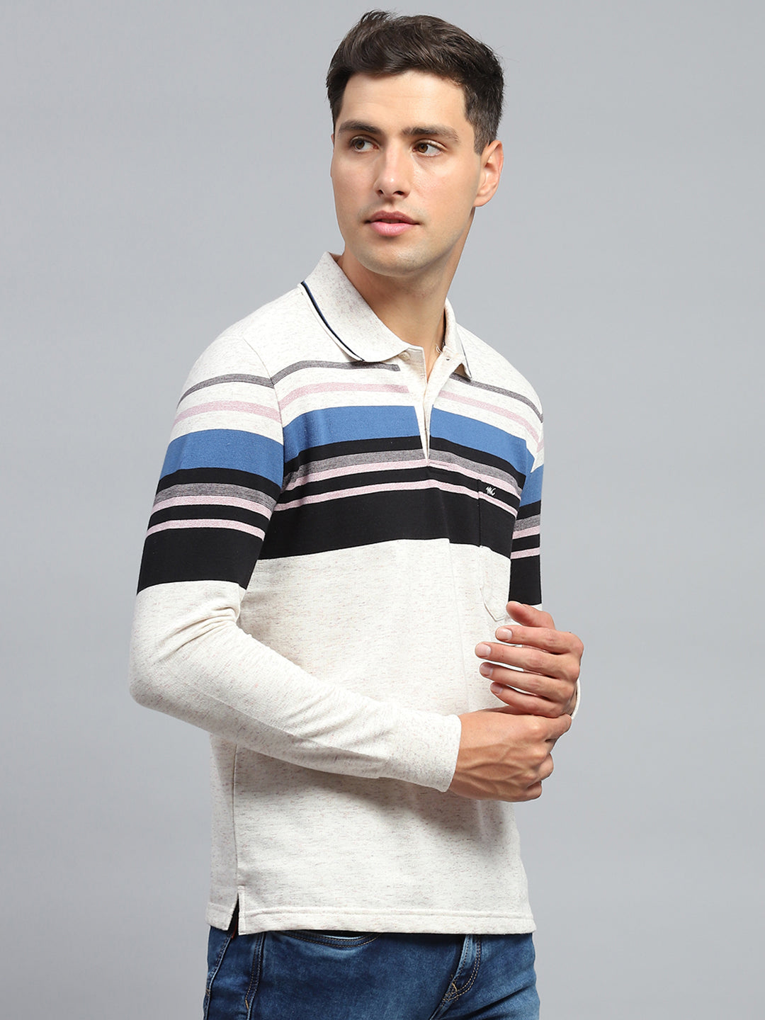 Men Black & White Stripe Collar Full Sleeve Winter T-Shirt