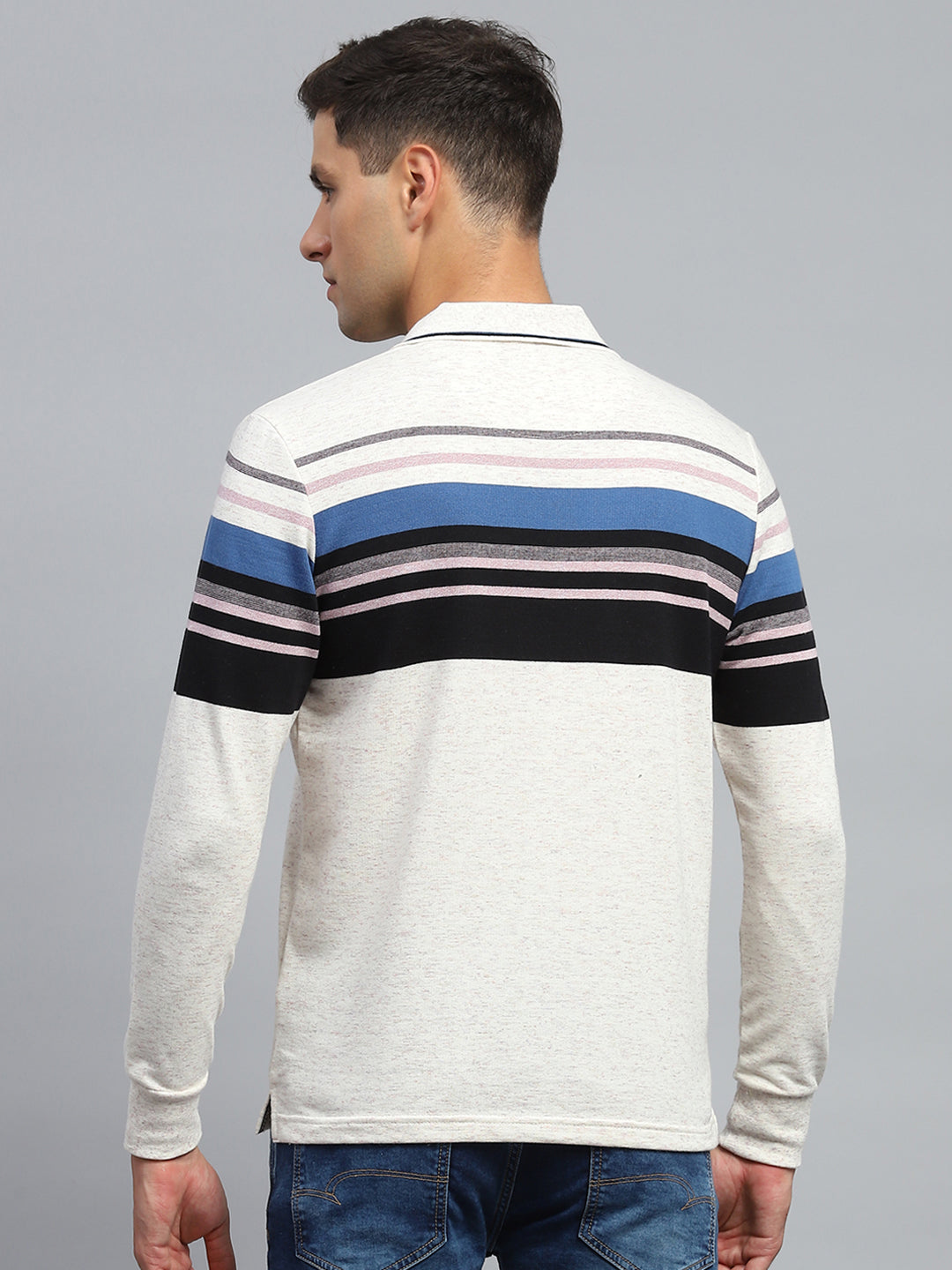 Men Black & White Stripe Collar Full Sleeve Winter T-Shirt