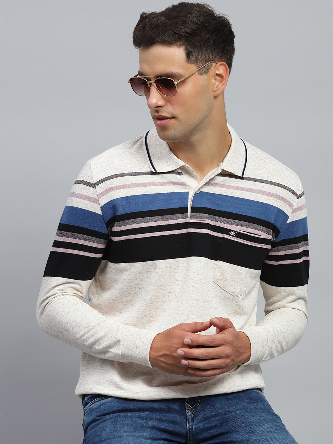 Men Black & White Stripe Collar Full Sleeve Winter T-Shirt