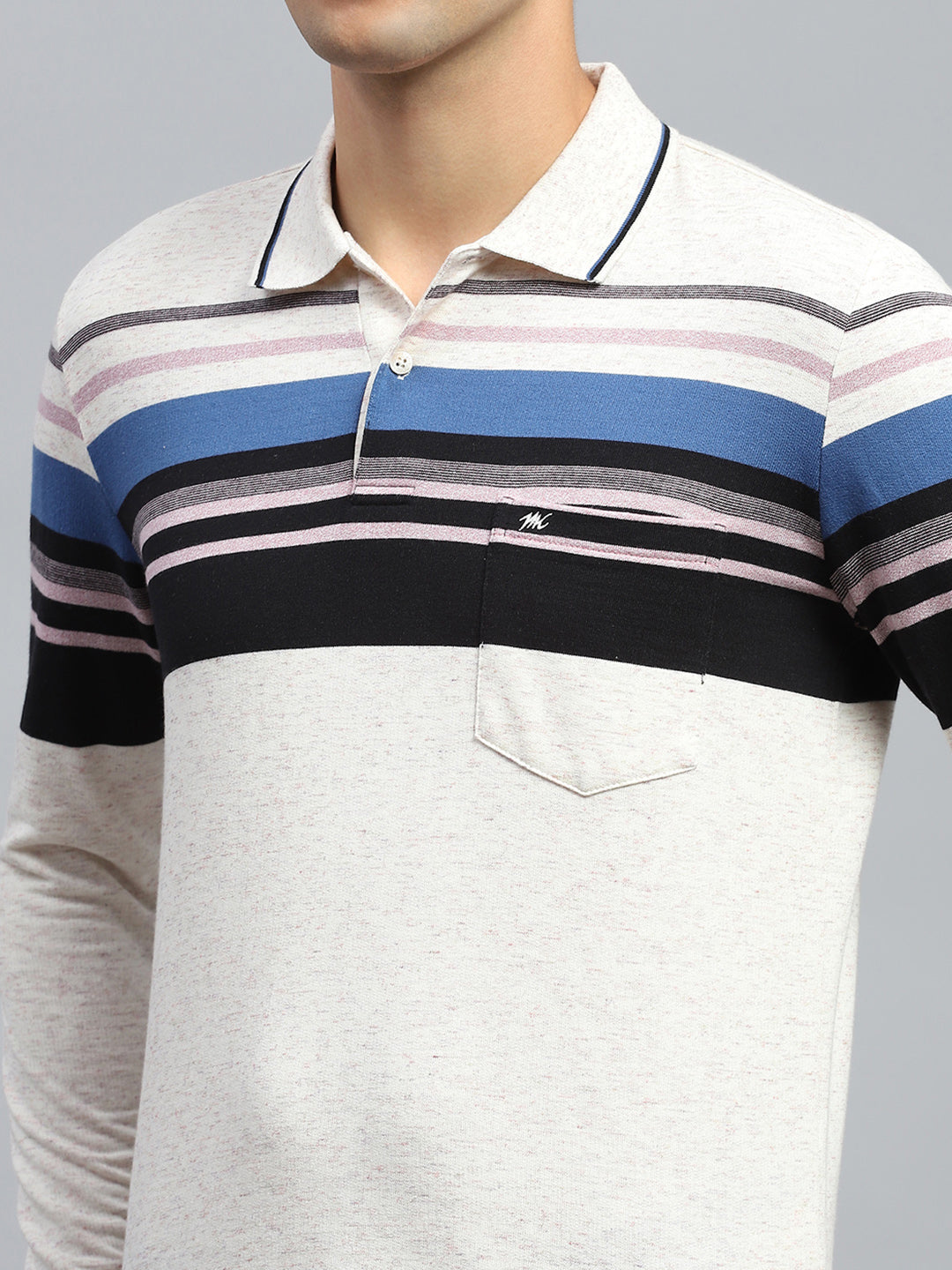 Men Black & White Stripe Collar Full Sleeve Winter T-Shirt