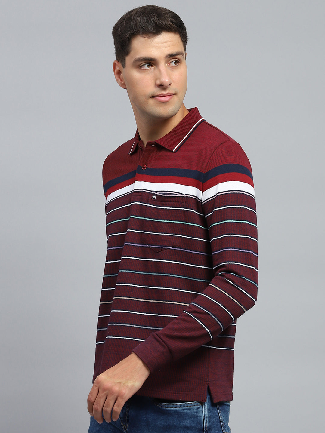 Men Maroon Stripe Collar Full Sleeve Winter T-Shirt