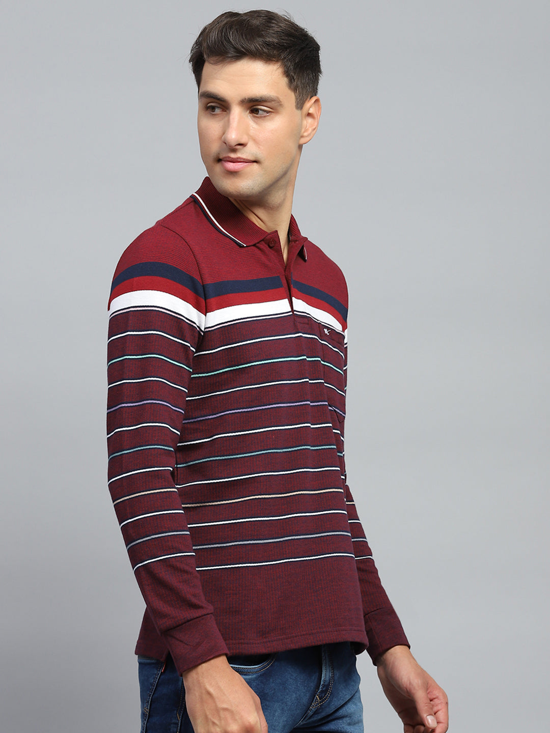 Men Maroon Stripe Collar Full Sleeve Winter T-Shirt