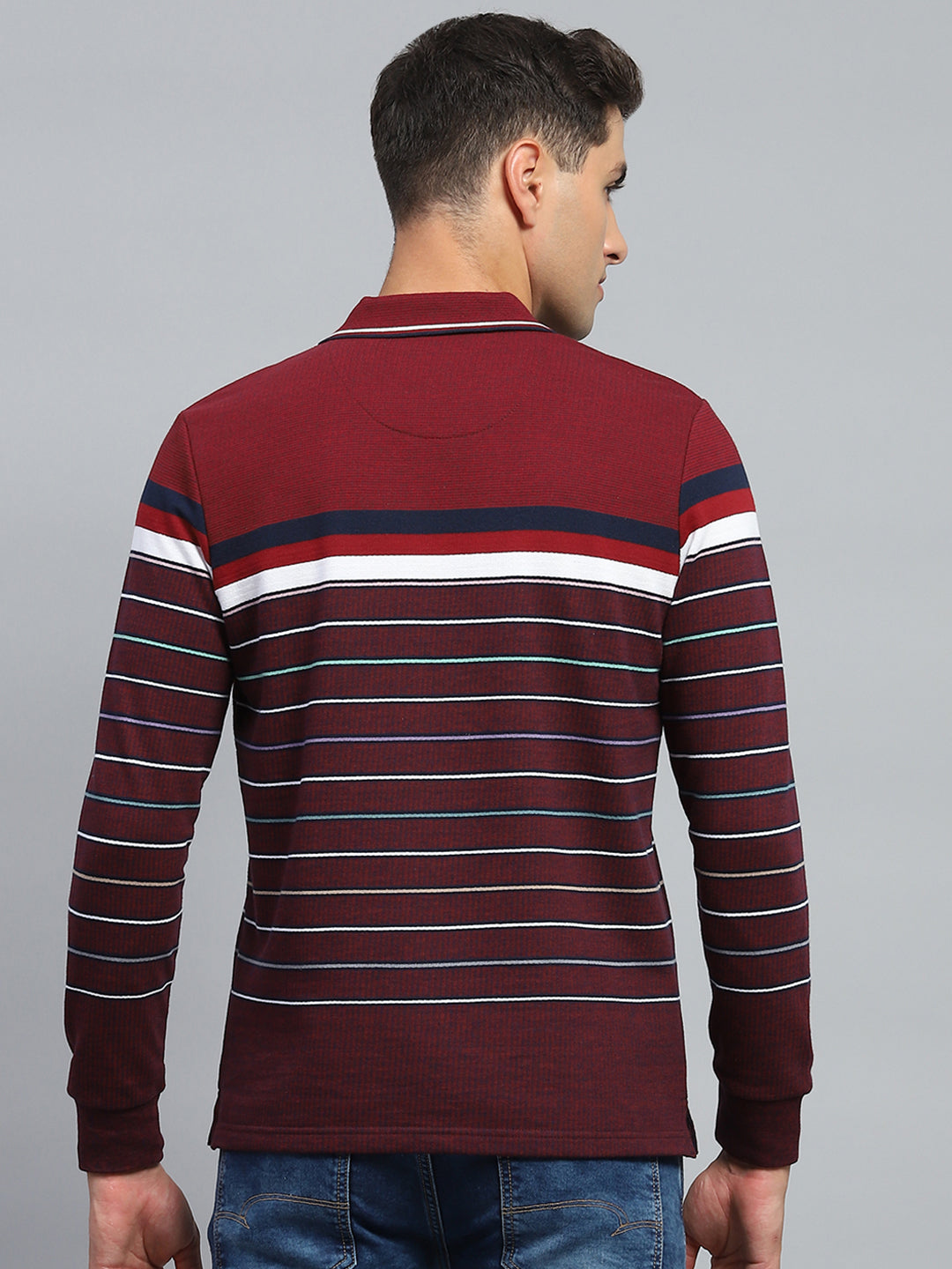 Men Maroon Stripe Collar Full Sleeve Winter T-Shirt