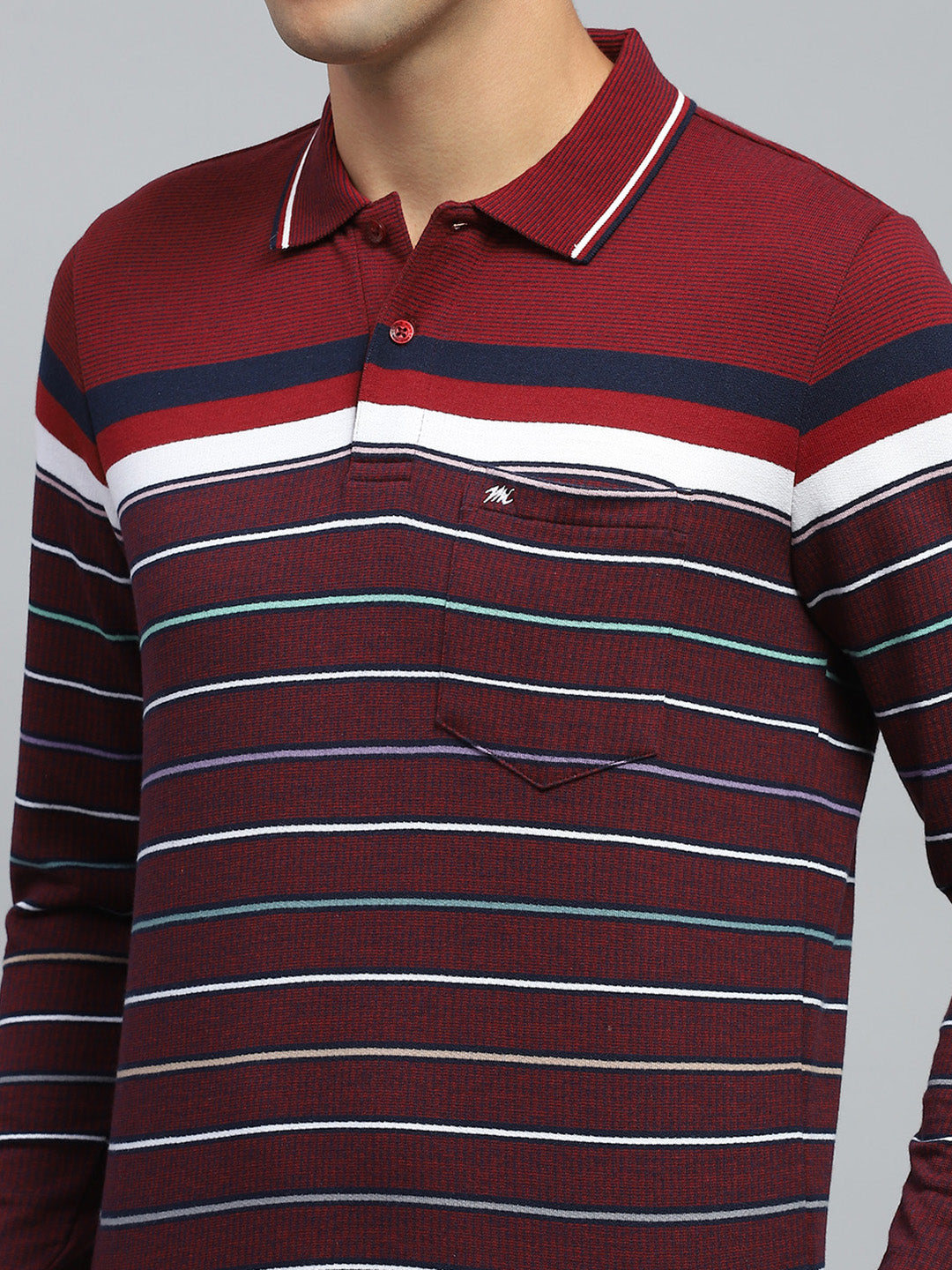 Men Maroon Stripe Collar Full Sleeve Winter T-Shirt