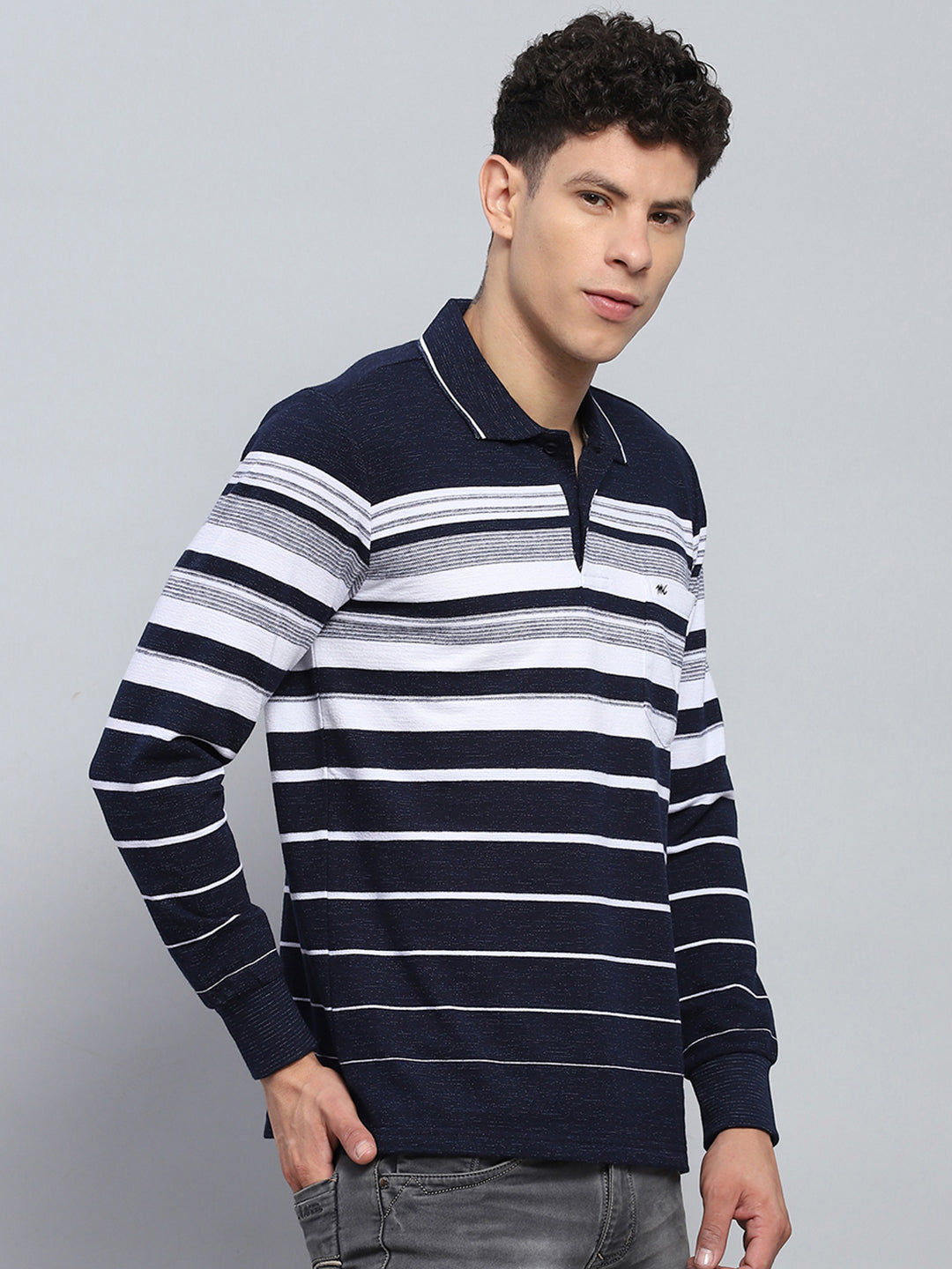 Men Navy Blue Stripe Collar Full Sleeve Winter T-Shirt