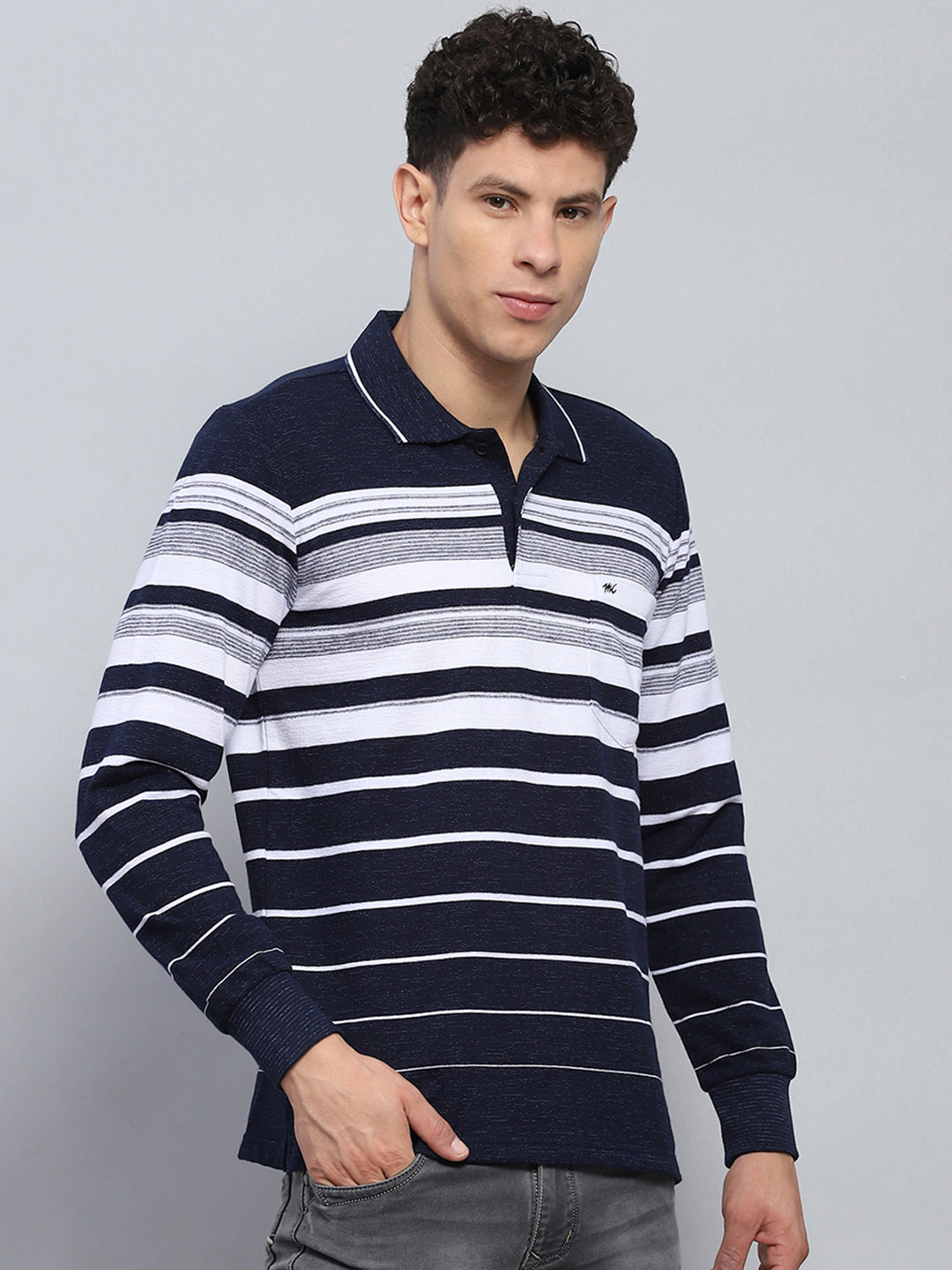 Men Navy Blue Stripe Collar Full Sleeve Winter T-Shirt