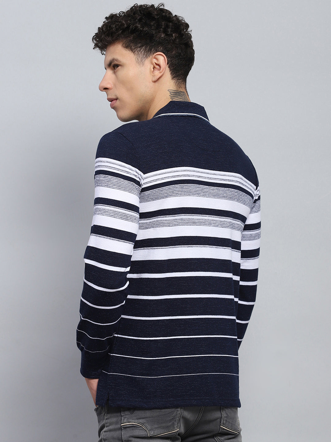 Men Navy Blue Stripe Collar Full Sleeve Winter T-Shirt