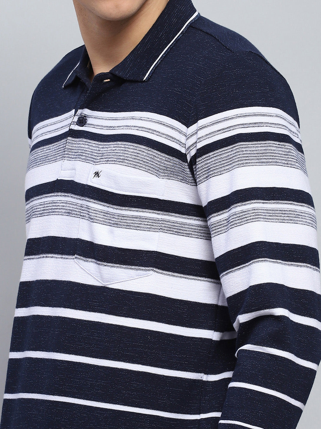 Men Navy Blue Stripe Collar Full Sleeve Winter T-Shirt