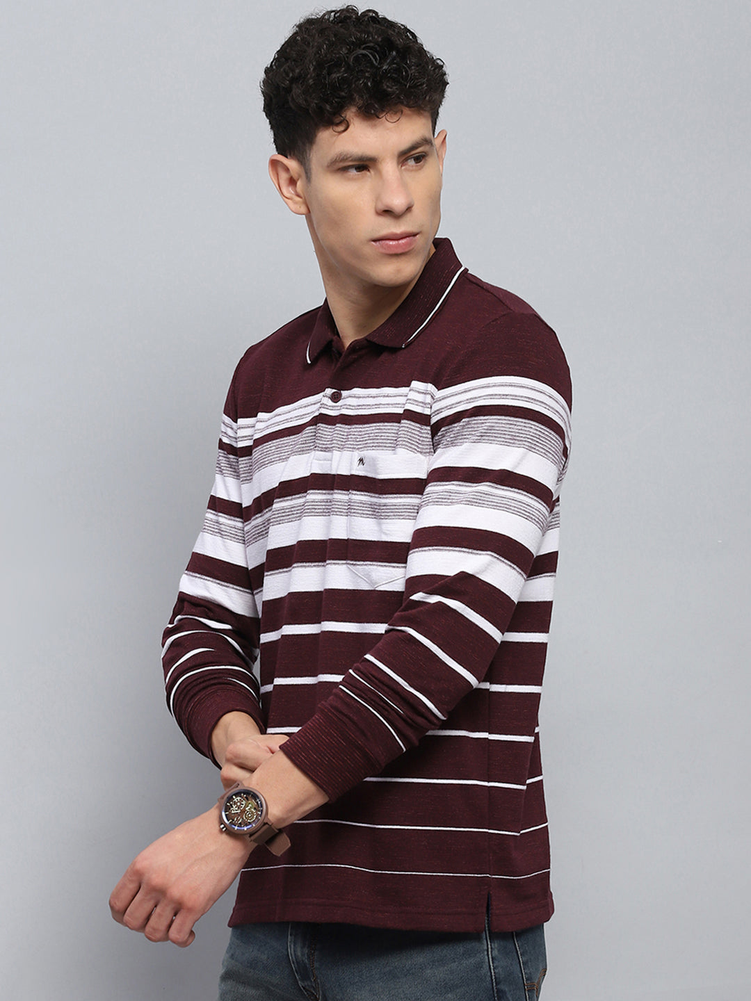 Men Maroon Stripe Collar Full Sleeve Winter T-Shirt