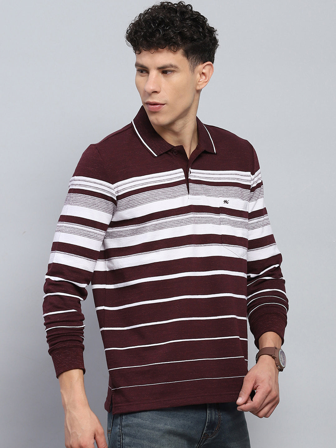 Men Maroon Stripe Collar Full Sleeve Winter T-Shirt