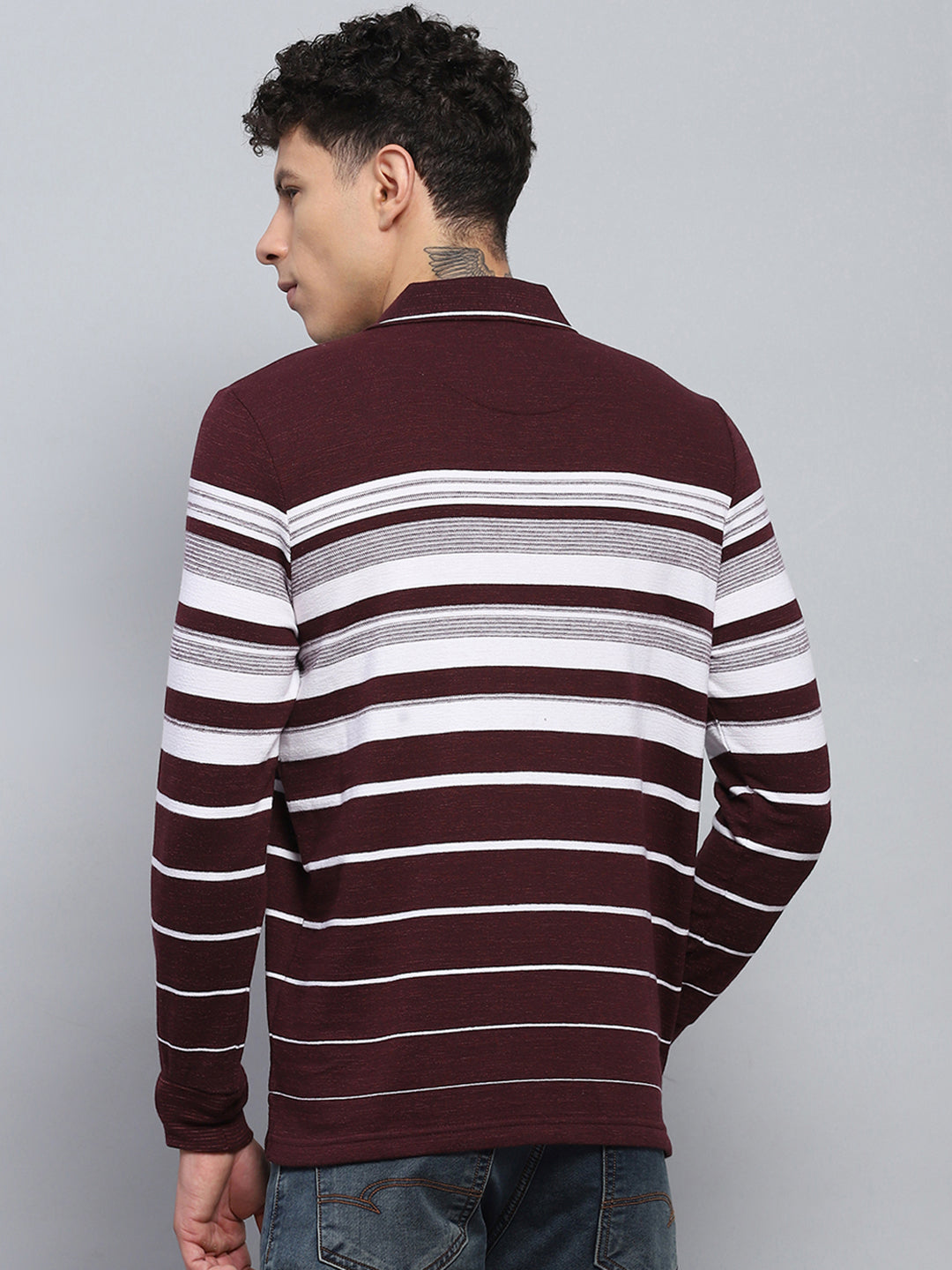 Men Maroon Stripe Collar Full Sleeve Winter T-Shirt