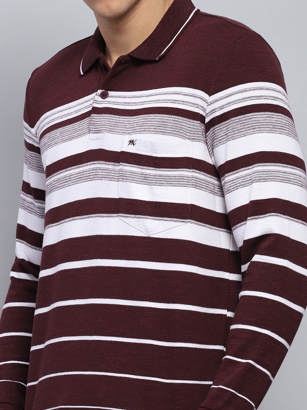 Men Maroon Stripe Collar Full Sleeve Winter T-Shirt