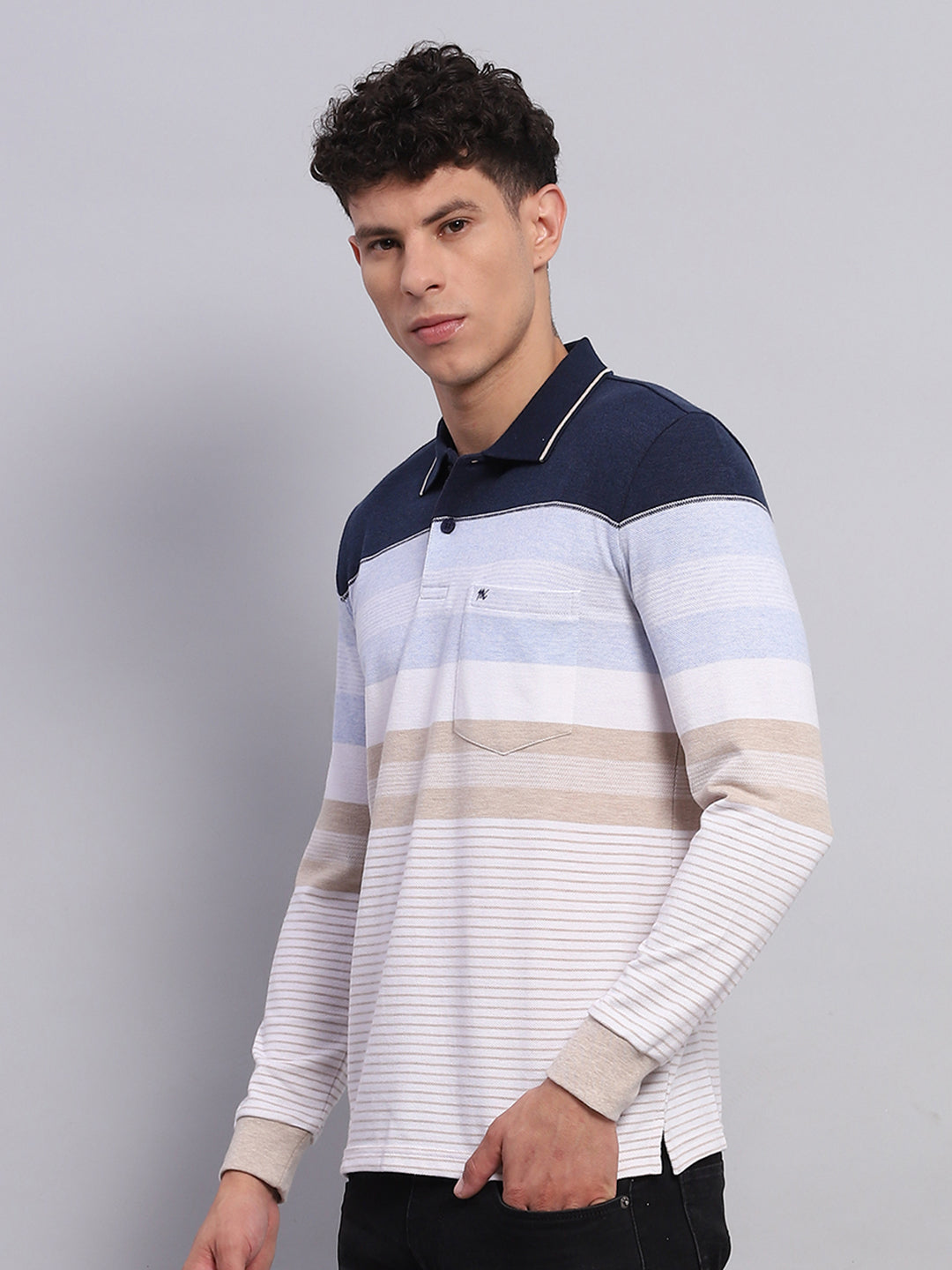 Men Blue Stripe Collar Full Sleeve Winter T-Shirt