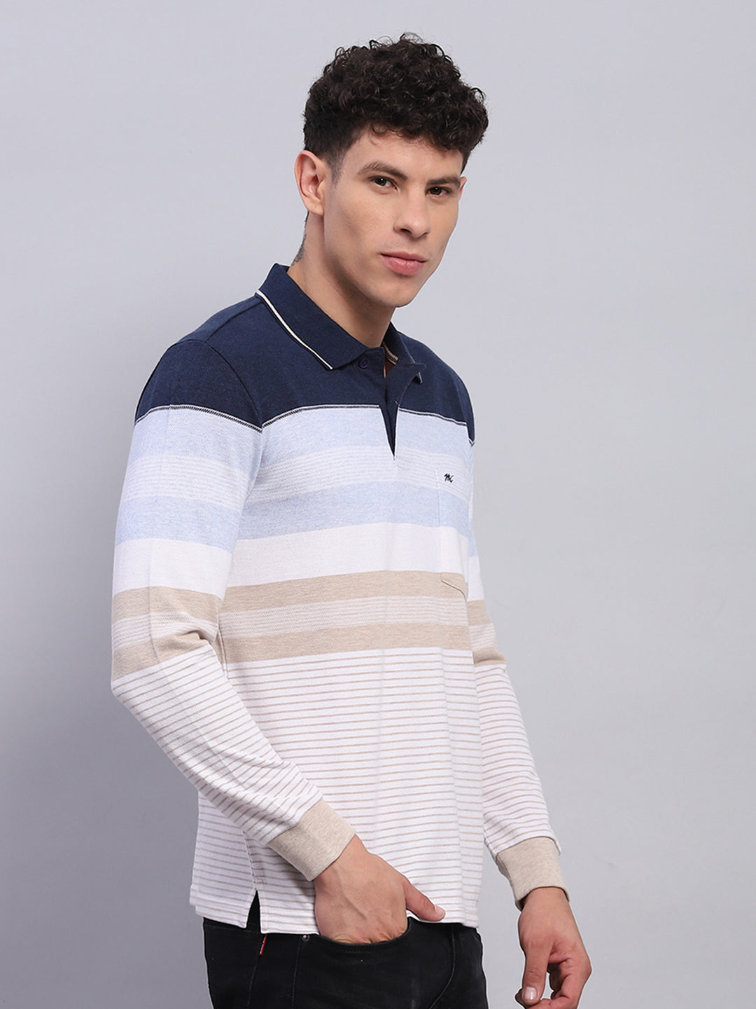 Men Blue Stripe Collar Full Sleeve Winter T-Shirt