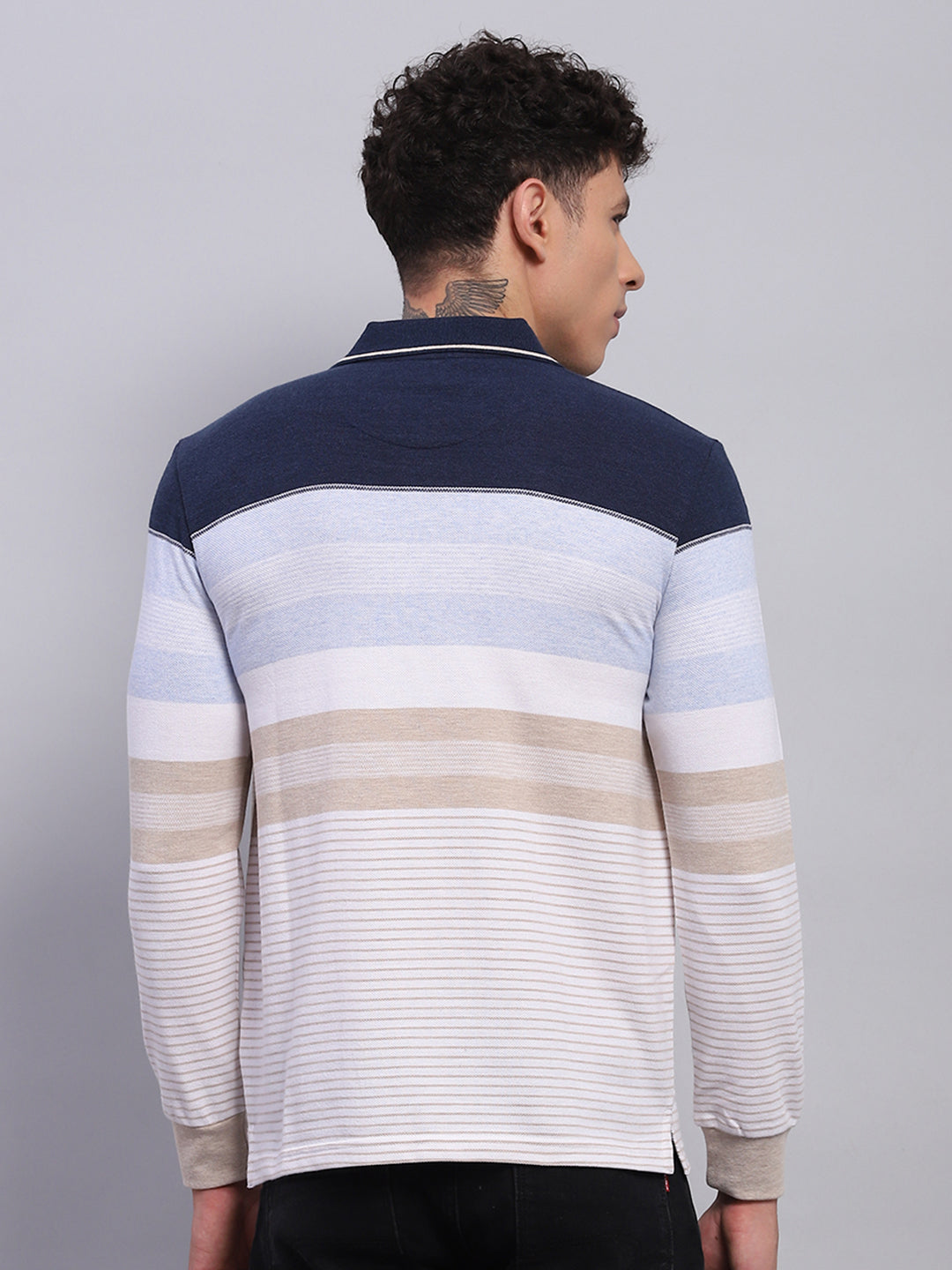 Men Blue Stripe Collar Full Sleeve Winter T-Shirt