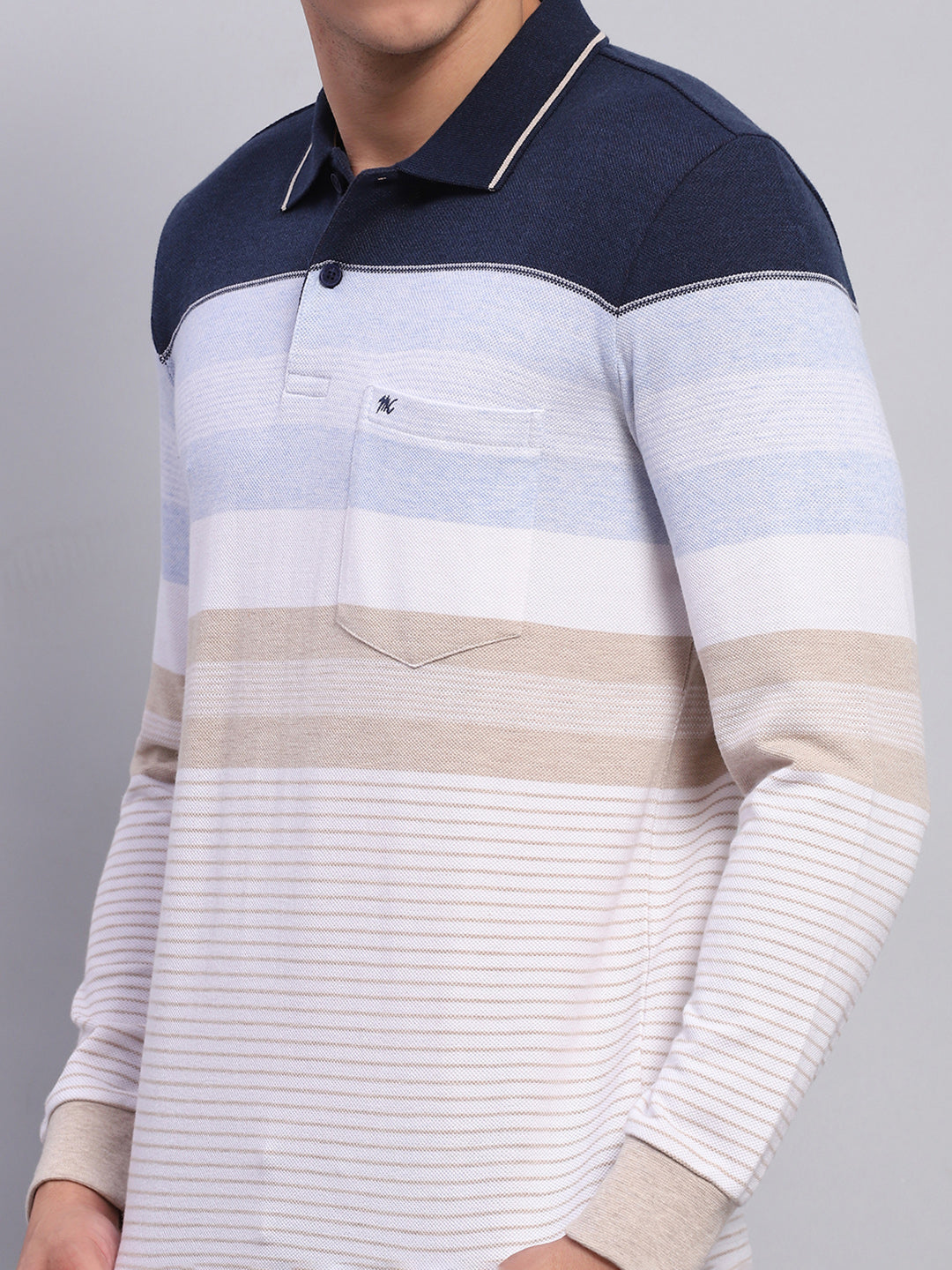 Men Blue Stripe Collar Full Sleeve Winter T-Shirt