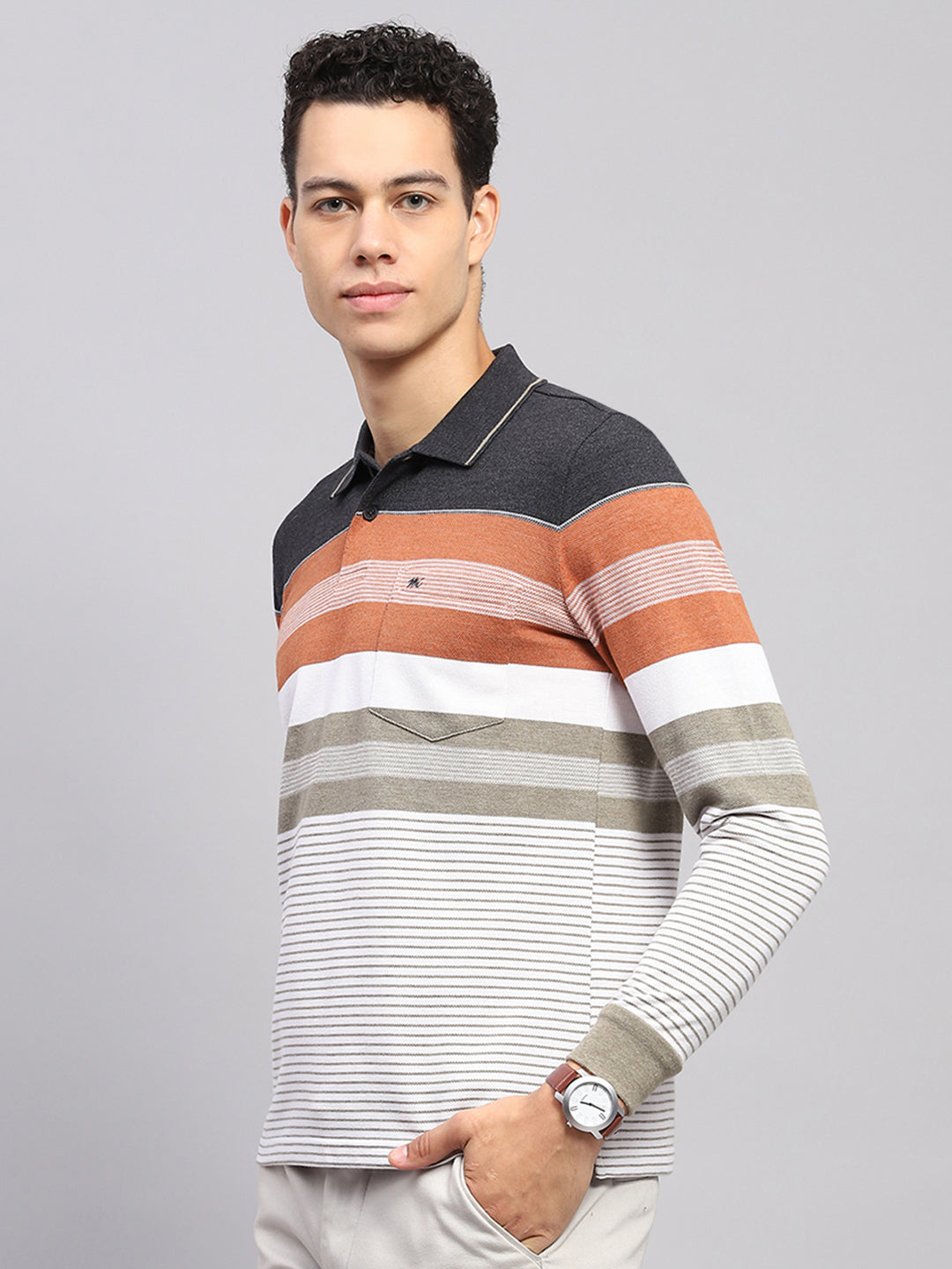 Men Multicolor Stripe Collar Full Sleeve Winter T-Shirt