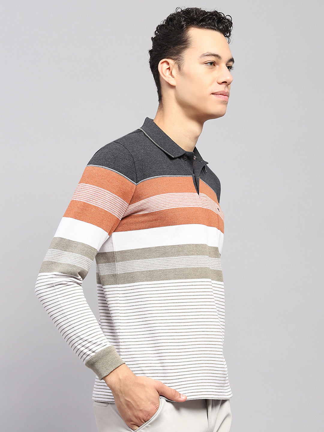 Men Multicolor Stripe Collar Full Sleeve Winter T-Shirt