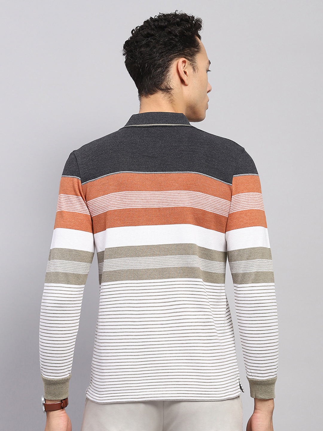 Men Multicolor Stripe Collar Full Sleeve Winter T-Shirt