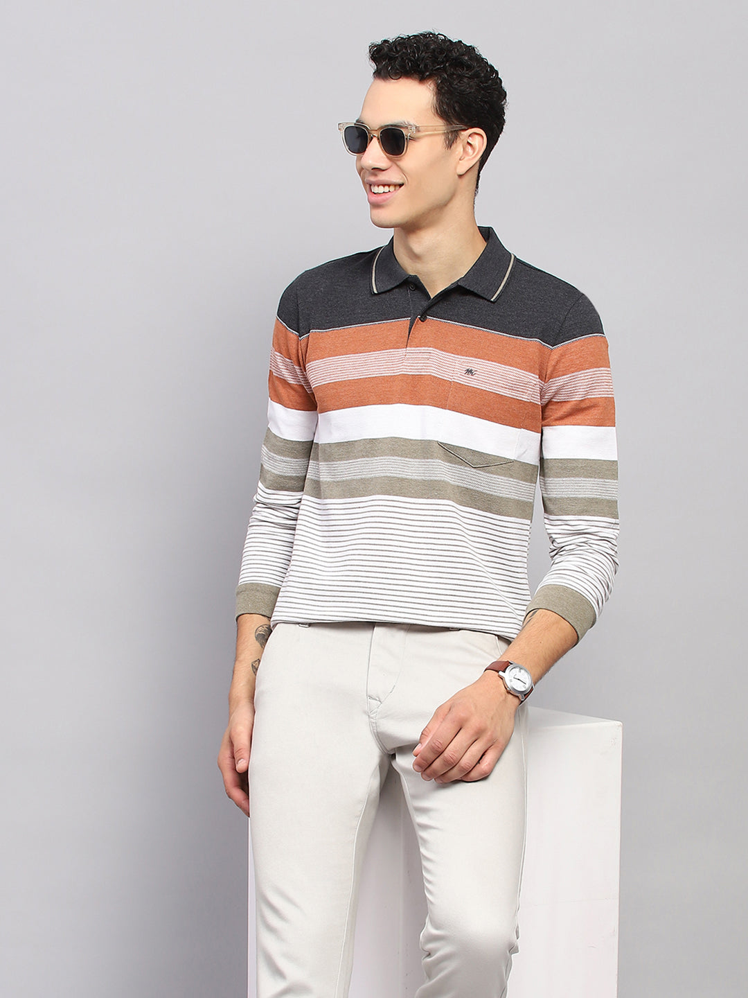 Men Multicolor Stripe Collar Full Sleeve Winter T-Shirt