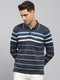 Men Navy Blue Stripe Collar Full Sleeve Winter T-Shirt