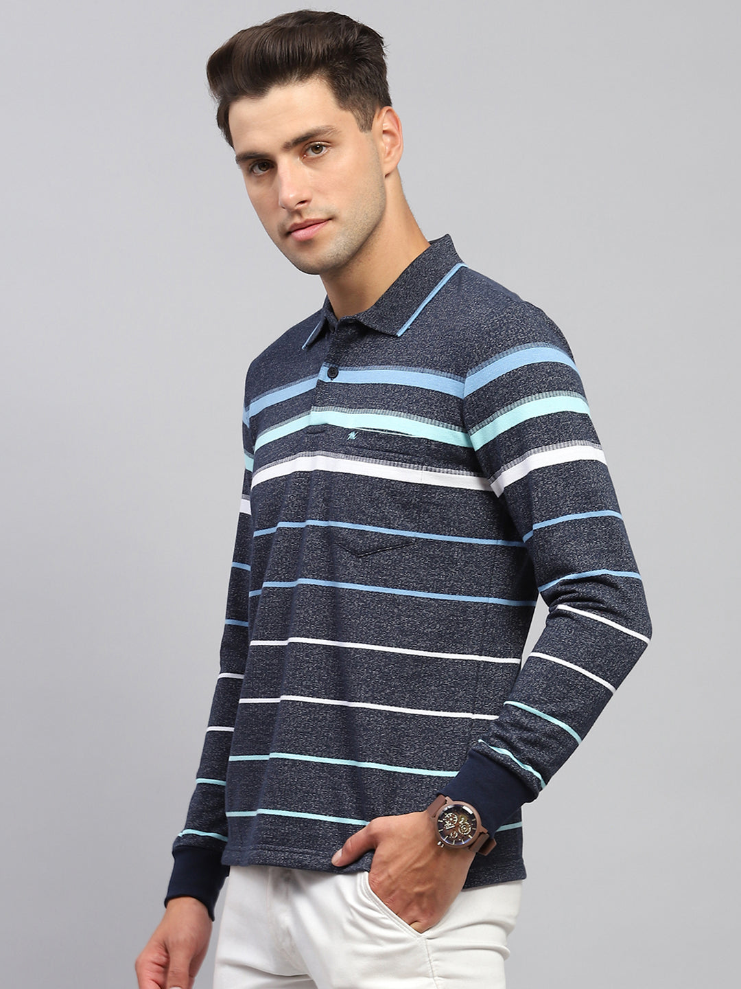 Men Navy Blue Stripe Collar Full Sleeve Winter T-Shirt