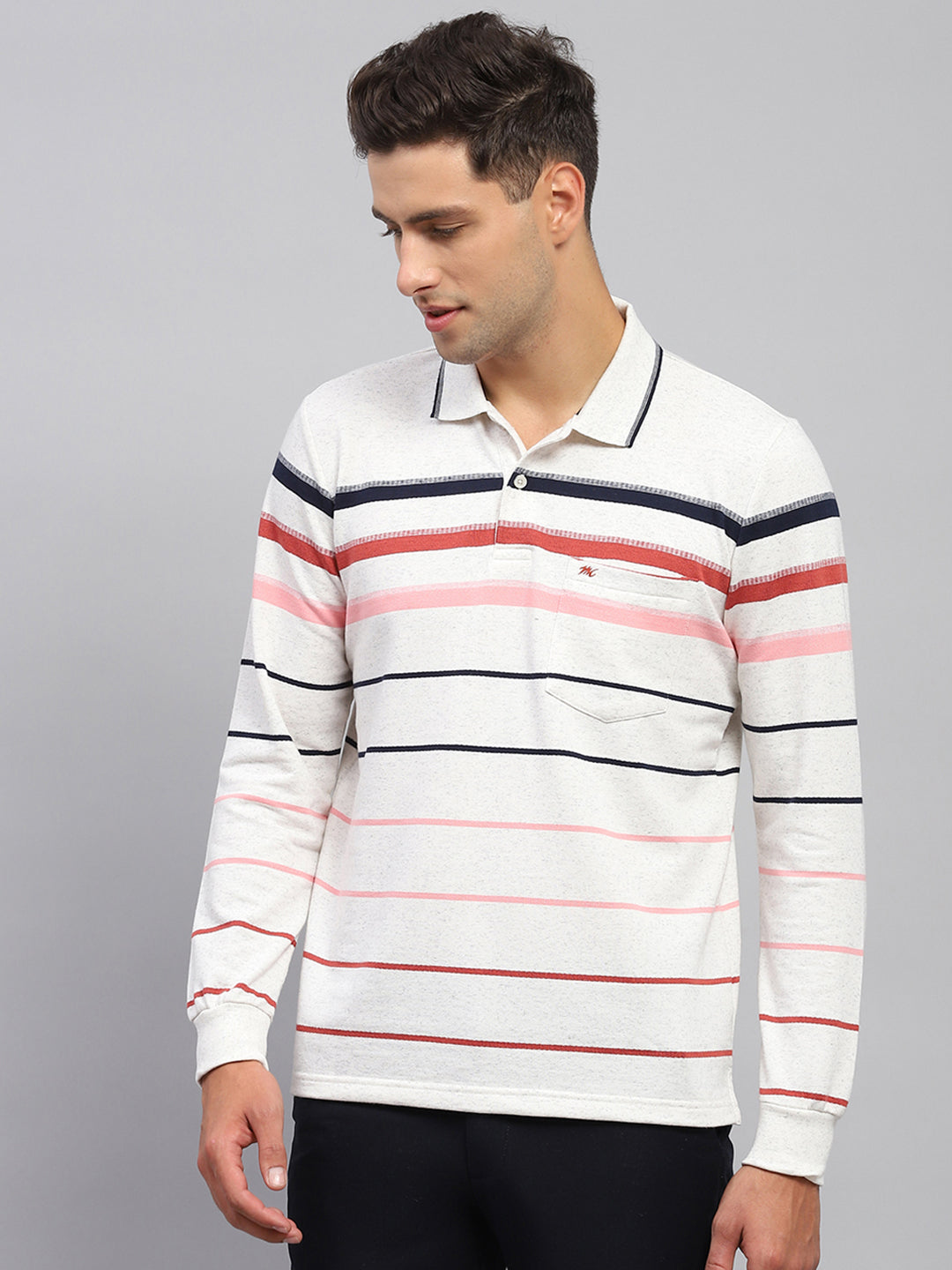 Men Grey Stripe Polo Collar Full Sleeve T-Shirt