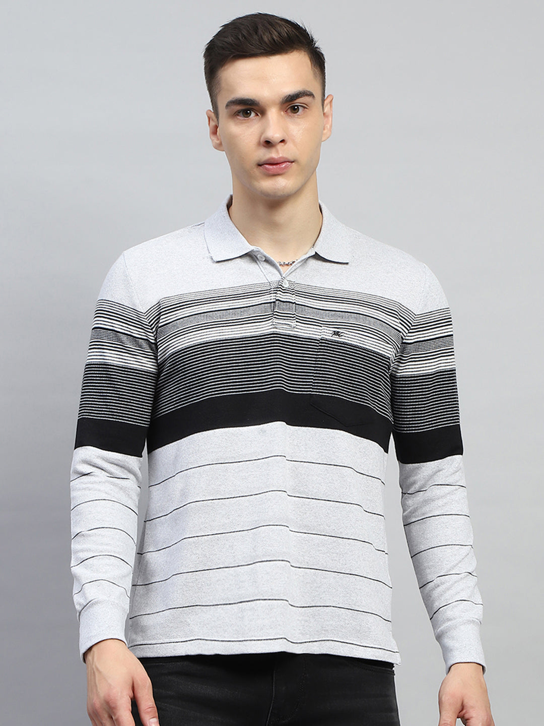 Men Grey Stripe Collar Full Sleeve Winter T-Shirt