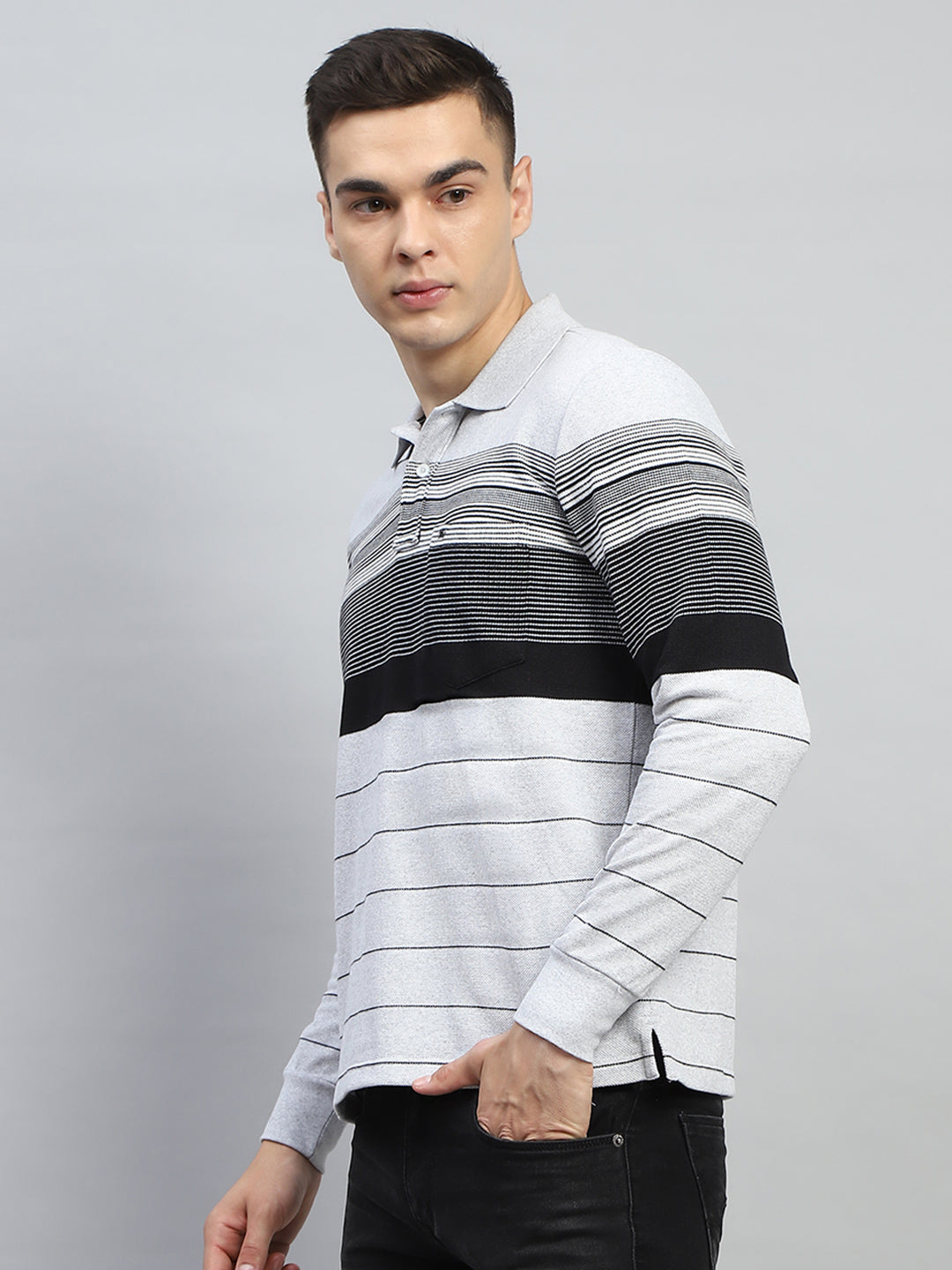 Men Grey Stripe Collar Full Sleeve Winter T-Shirt