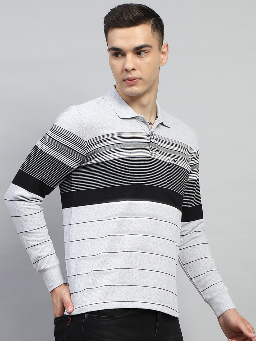 Men Grey Stripe Collar Full Sleeve Winter T-Shirt