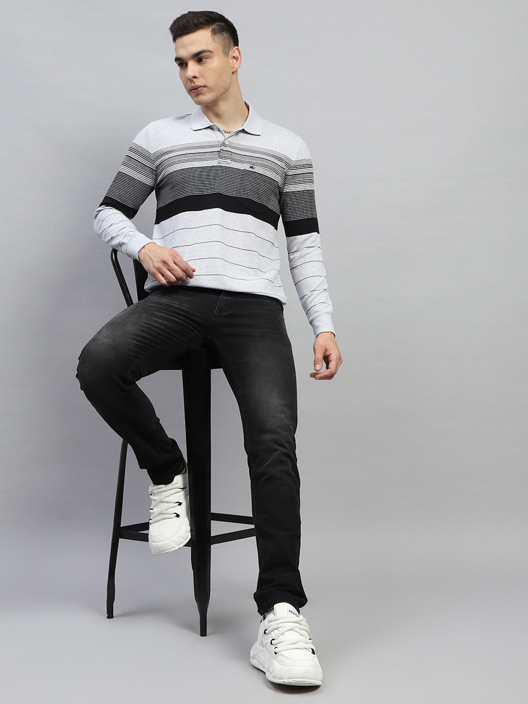 Men Grey Stripe Collar Full Sleeve Winter T-Shirt