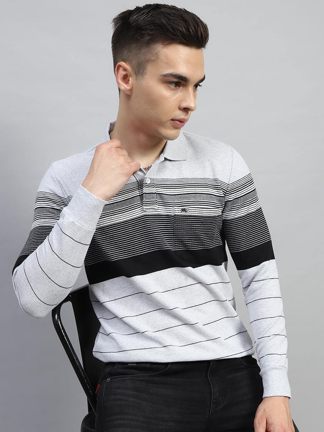 Men Grey Stripe Collar Full Sleeve Winter T-Shirt