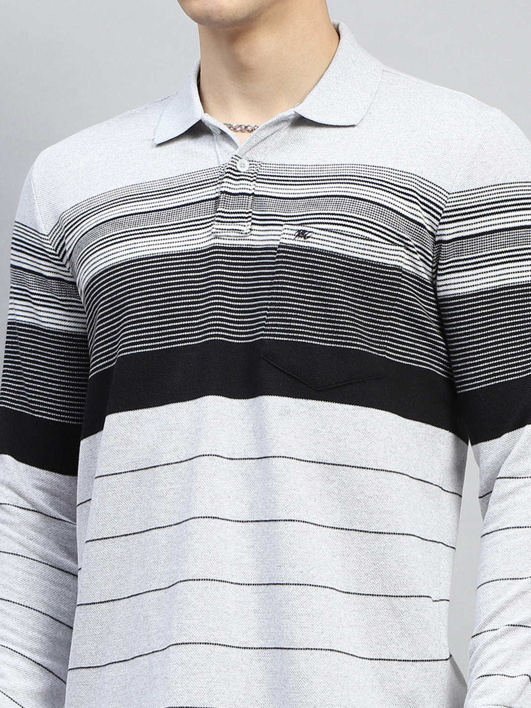 Men Grey Stripe Collar Full Sleeve Winter T-Shirt