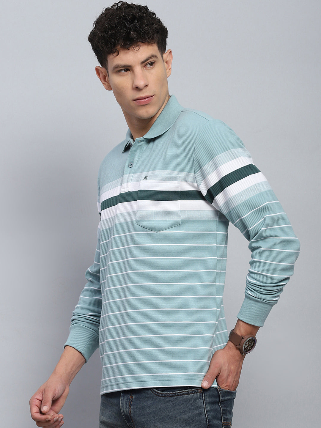 Men Green Stripe Collar Full Sleeve Winter T-Shirt