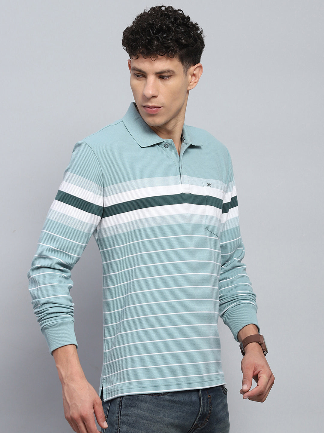 Men Green Stripe Collar Full Sleeve Winter T-Shirt