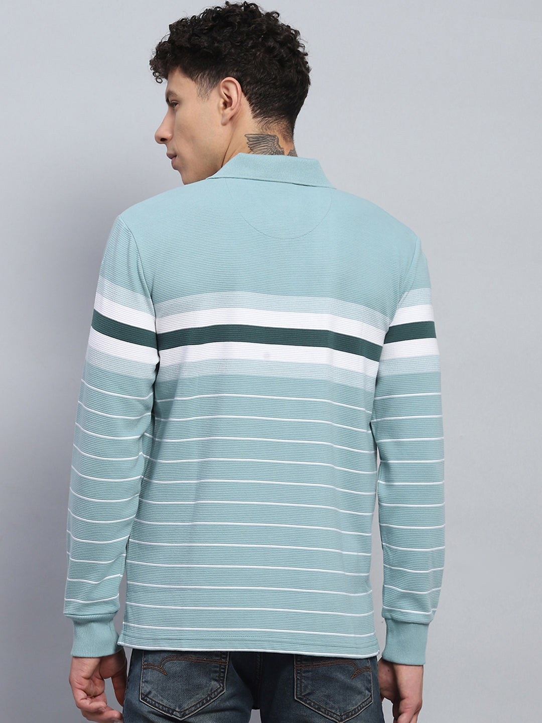 Men Green Stripe Collar Full Sleeve Winter T-Shirt