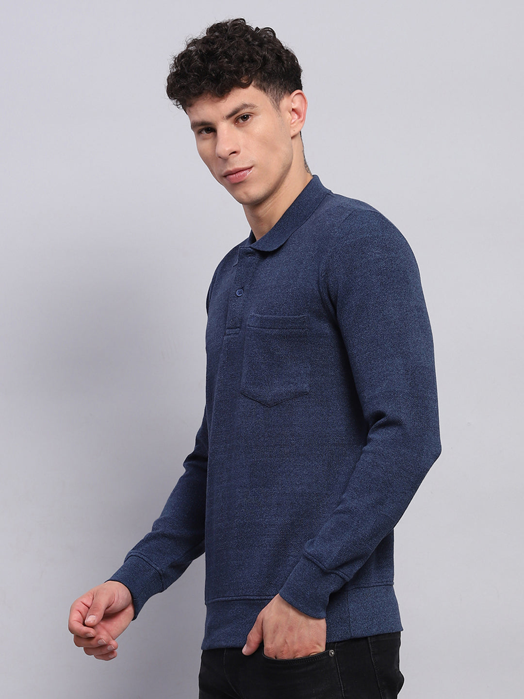 Men Blue Solid Collar Full Sleeve Winter T-Shirt