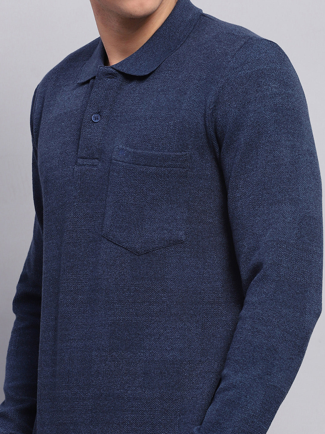 Men Blue Solid Collar Full Sleeve Winter T-Shirt