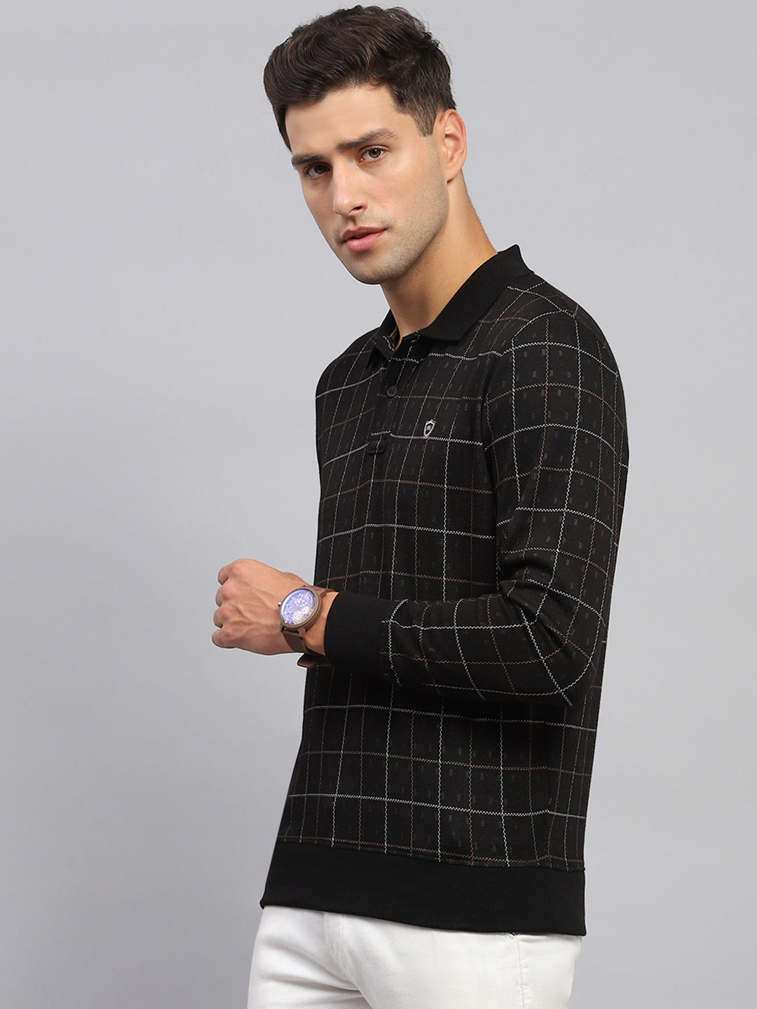 Men Black Check Polo Collar Full Sleeve Sweatshirt