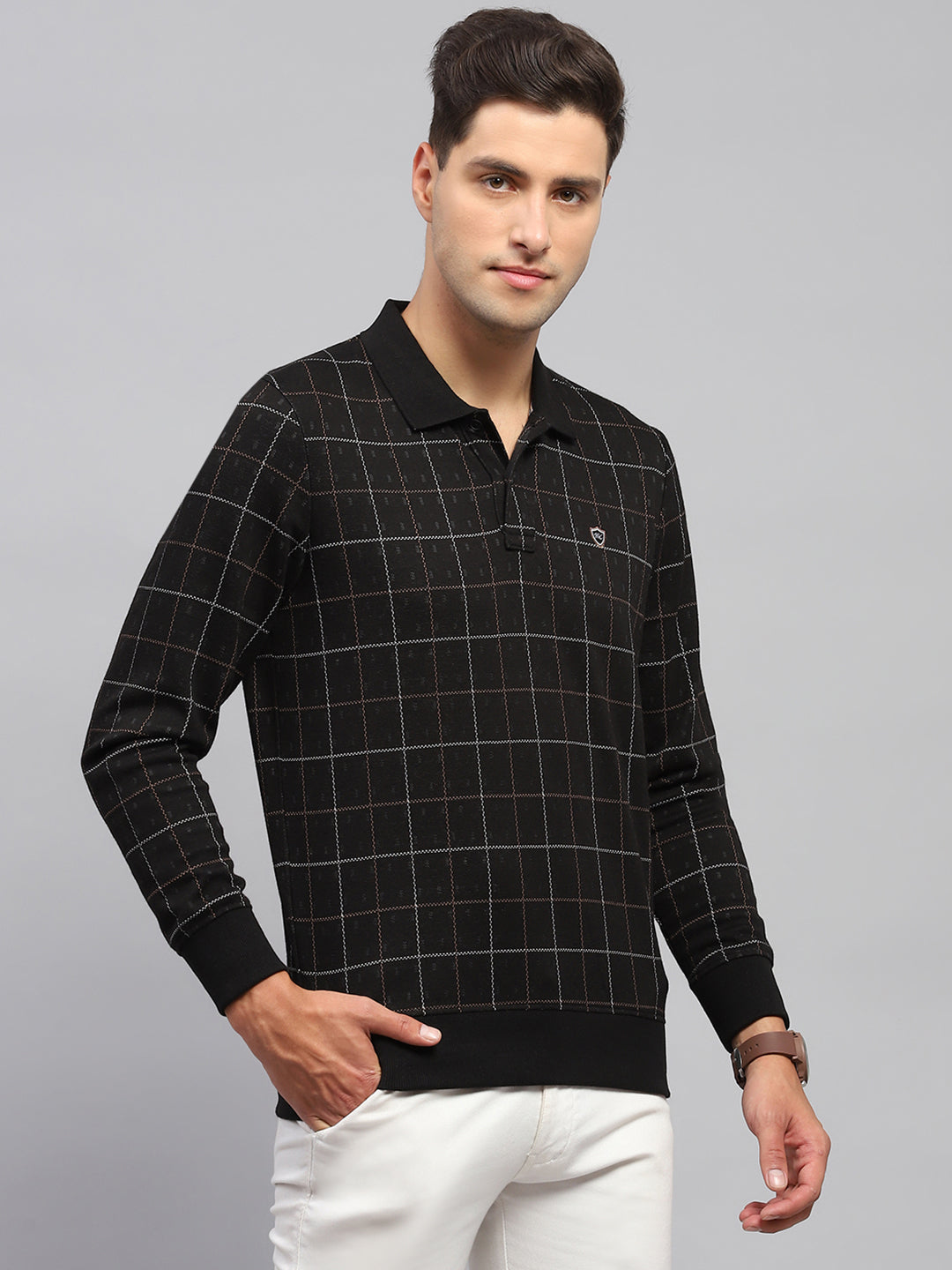 Men Black Check Polo Collar Full Sleeve Sweatshirt