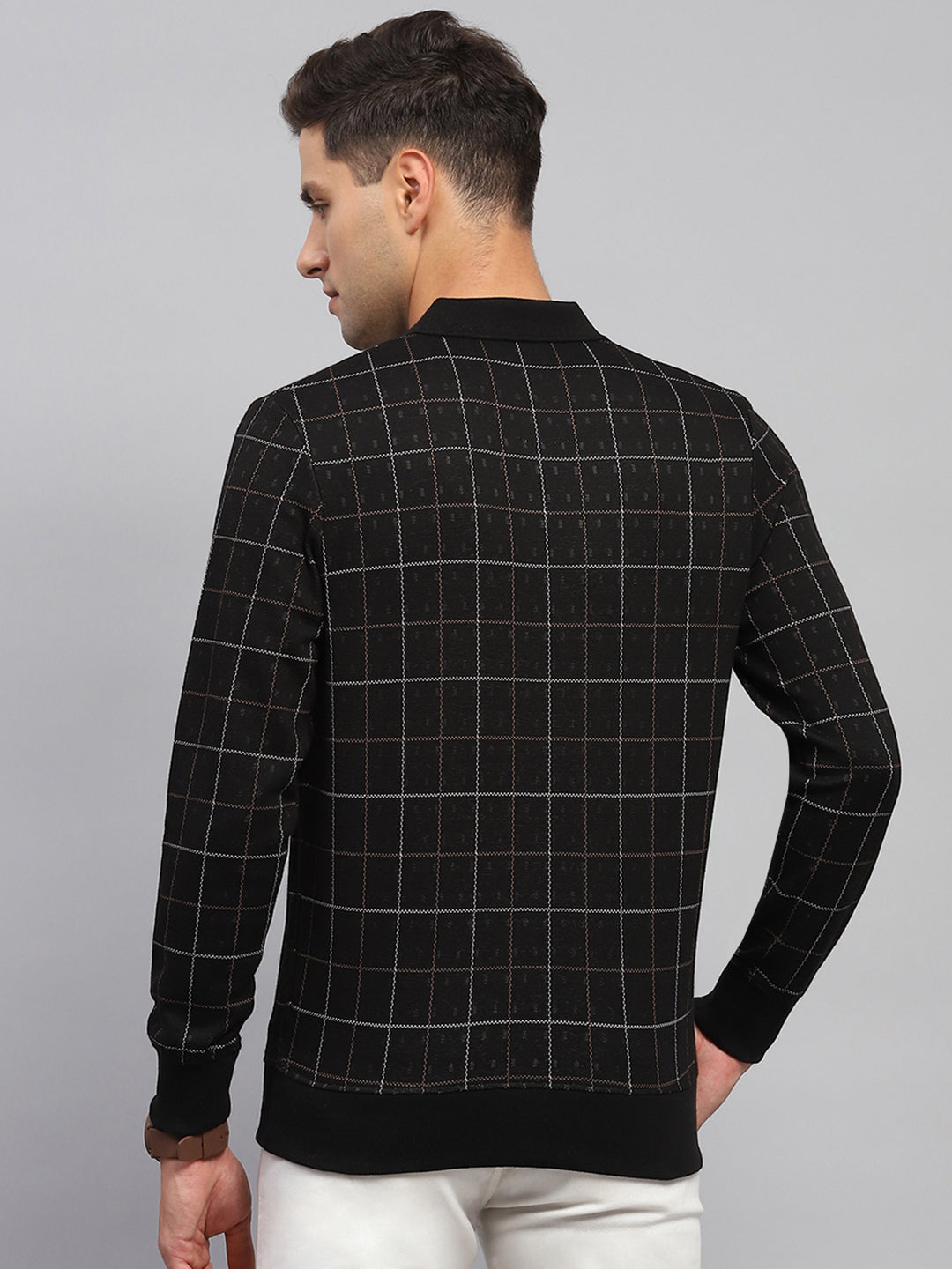 Men Black Check Polo Collar Full Sleeve Sweatshirt