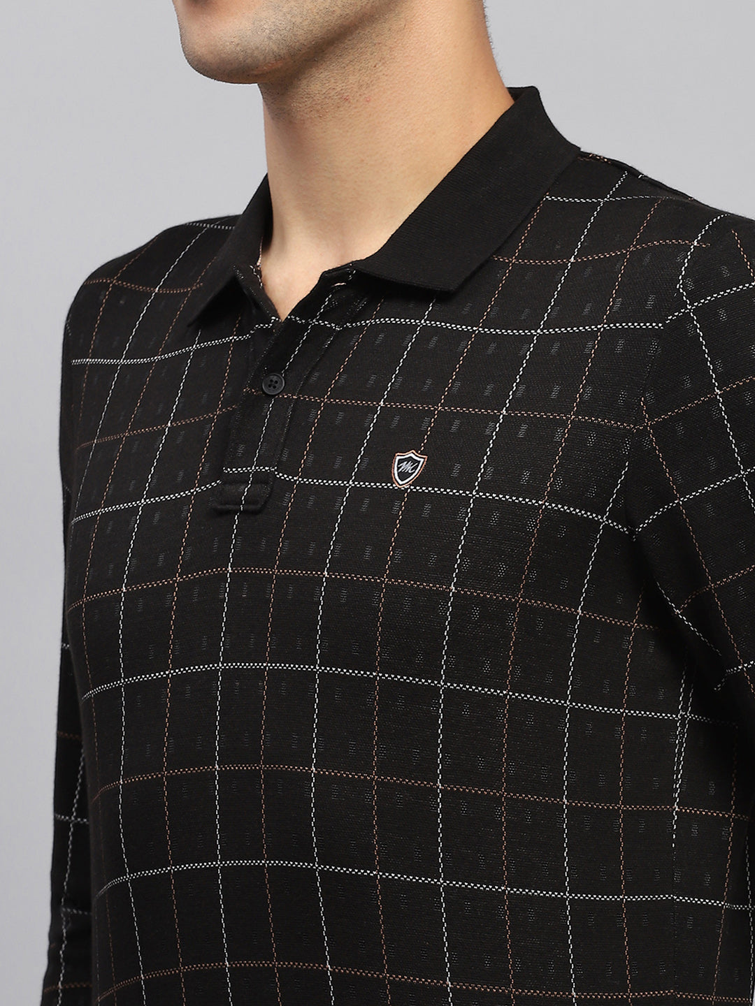 Men Black Check Polo Collar Full Sleeve Sweatshirt