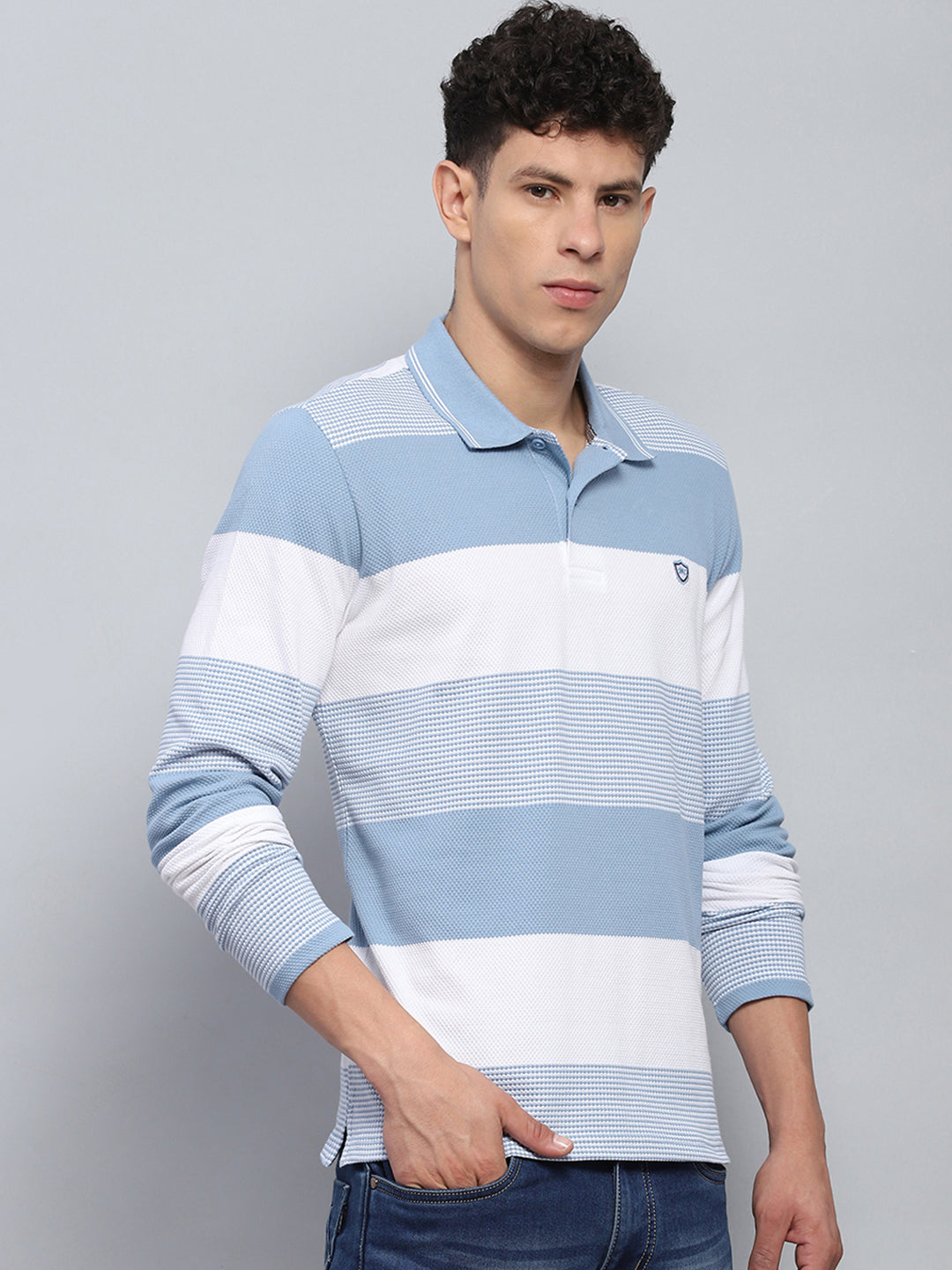 Men Blue Stripe Collar Full Sleeve Winter T-Shirt